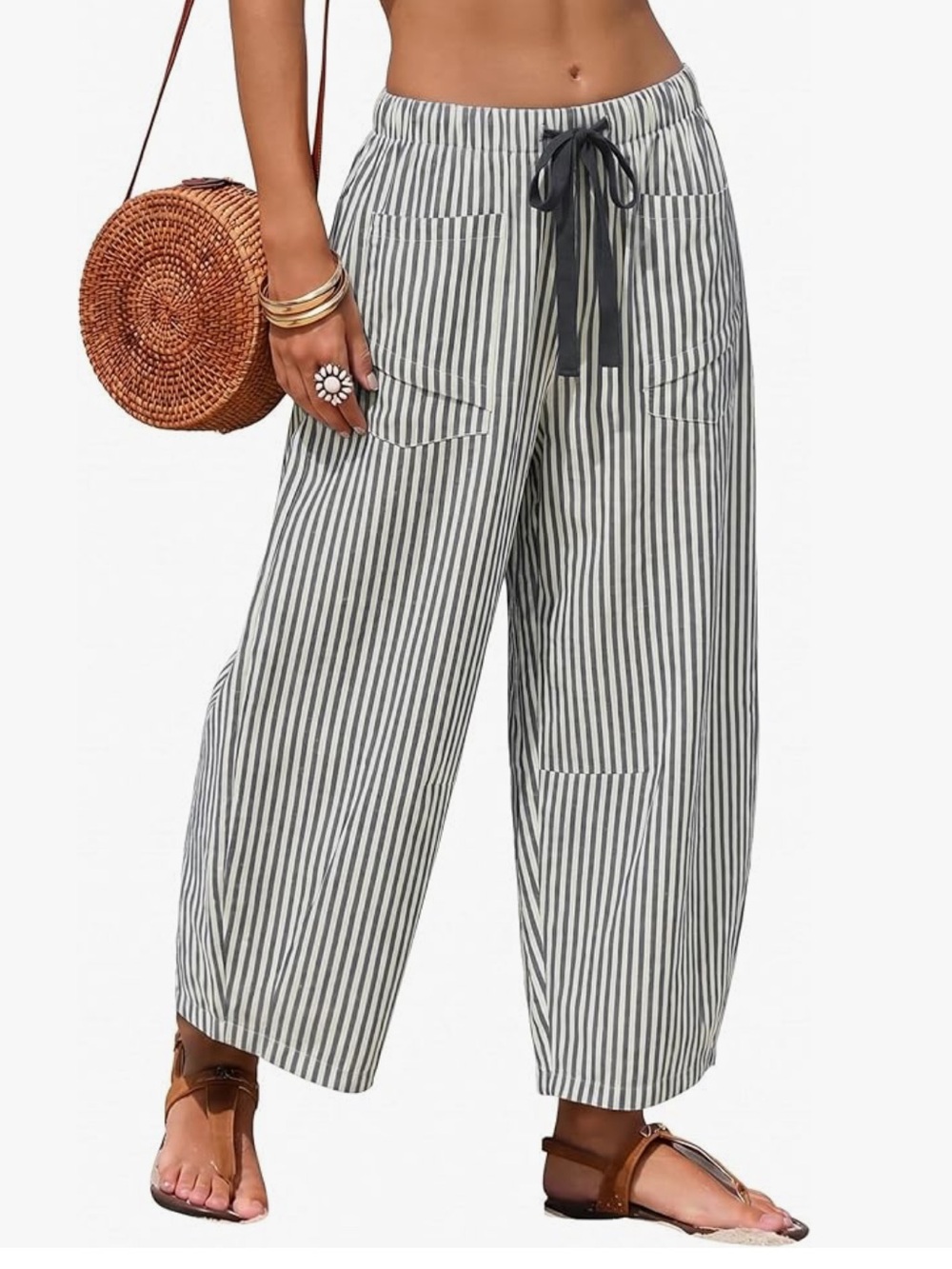Striped Wide-Leg Drawstring Pants - Gray/White 😎